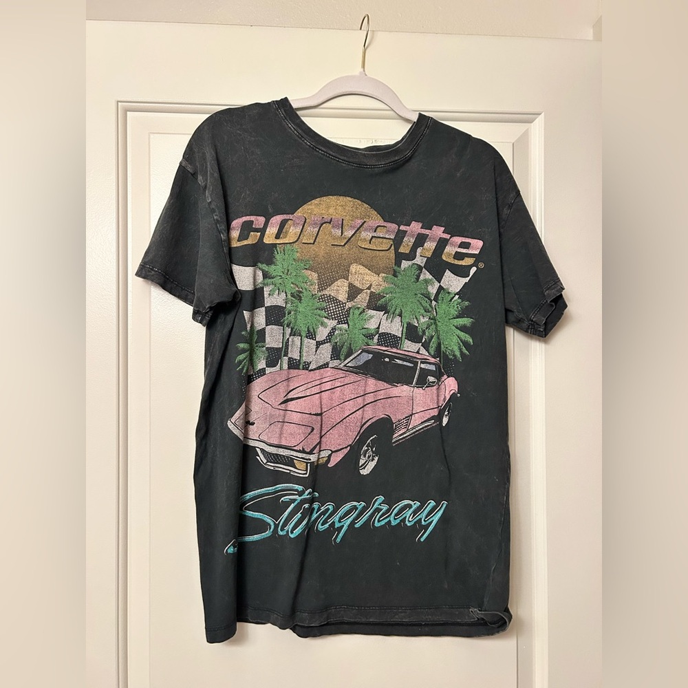 Hollister Black Graphic Tee with Pink and Green Accents